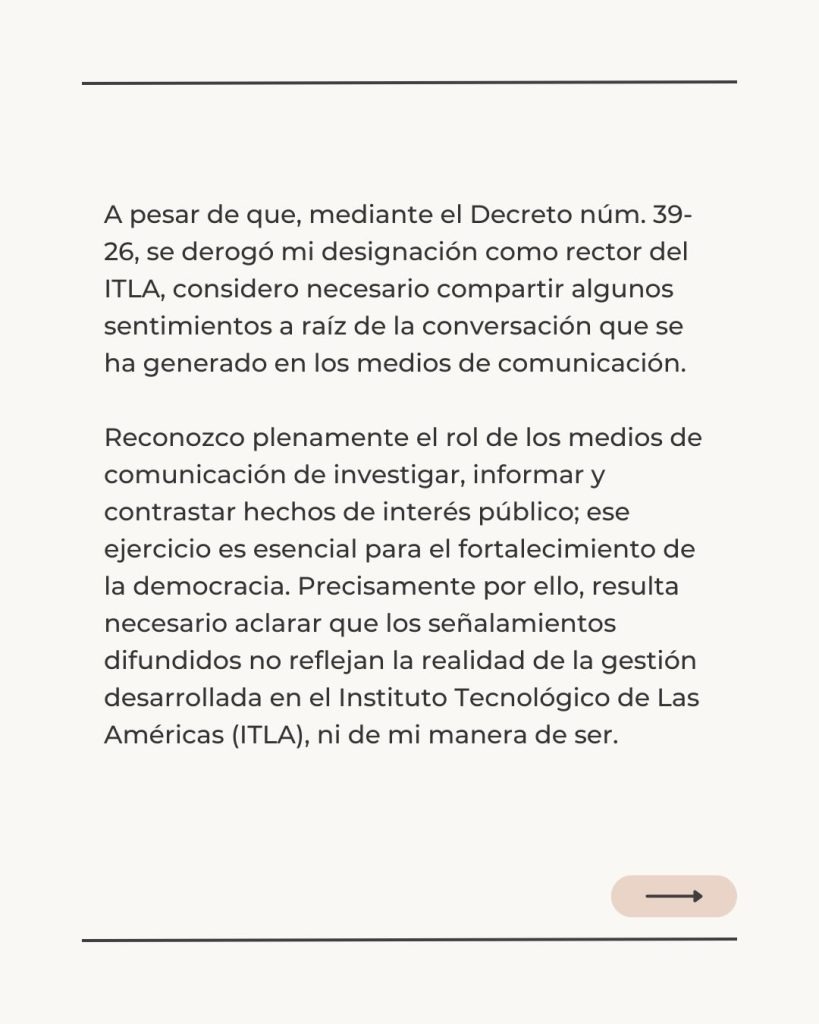 Exrector del ITLA publica carta abierta rechazando irregularidades, pidiendo investigación y defendiendo el origen de su patrimonio