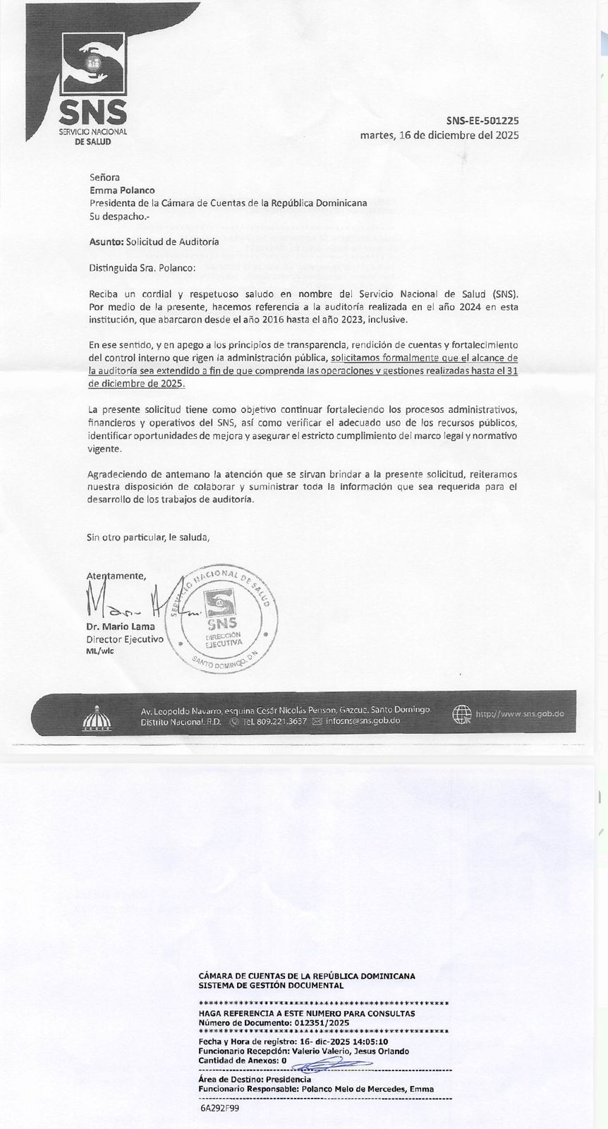 Extitular SNS aclara que solicitó ampliación auditoría hasta 31 de diciembre 2025 mientras aún ejercía como director