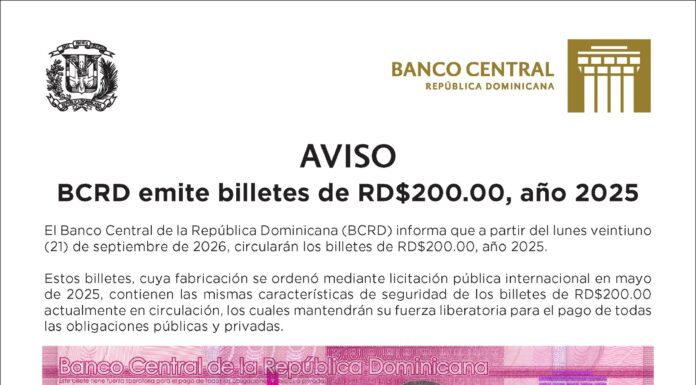 AVISO: BCRD emitirá nuevos billetes de RD$200.00 a partir del 21 de septiembre